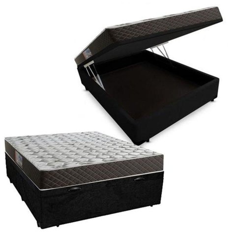 Cama Box Baú Casal Pistão a Gás com Colchão Molas Bonnel Suede Preto 138cm