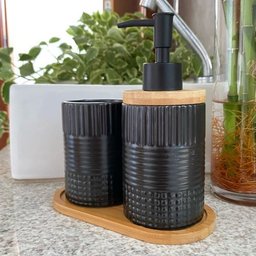 Kit Banheiro Lavabo Bambu Dispenser Líquido Escova Pia / 354 - 4
