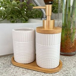 Kit Banheiro Lavabo Bambu Dispenser Líquido Escova Pia / 354 - 3