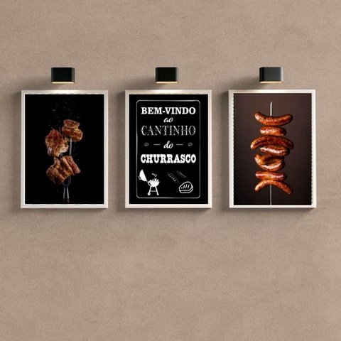 Kit 3 Quadros Cantinho Churrasco- Fotografias 24x18cm - com Vidro:madeira Branca