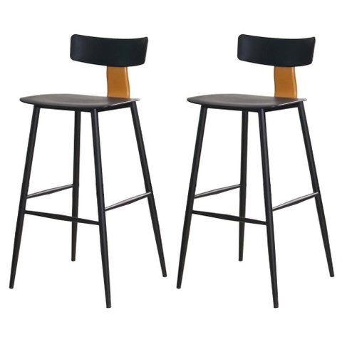 Kit 2 Banquetas Altas Analu Rivatti 100cm (alt) Assento Encosto Pp Preto Detalhe Pu Marrom Base Aço