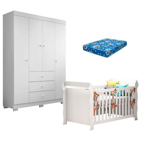 Berço Americano Lara e Guarda Roupa Duda 4 Portas Branco Brilho com Colchão Ortobom
