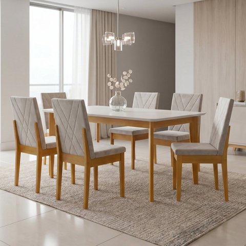Conjunto Sala de Jantar Siera 6 Lugares sem Vidro Retangular Madeira Maciça Dakota Bordada