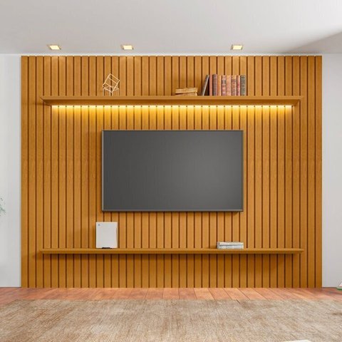 Painel para Tv até 75 Polegadas 220cmx230cm Ripado 2 Prateleiras com Led 100% Mdf Roma