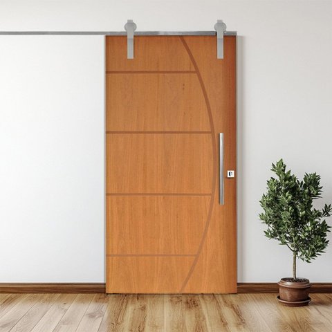 Porta Correr 6 Trilhos Soft Aparente Puxador Tubo 60cm 110x210cm Belíssima Rodam Abertura Esquerda Marrom