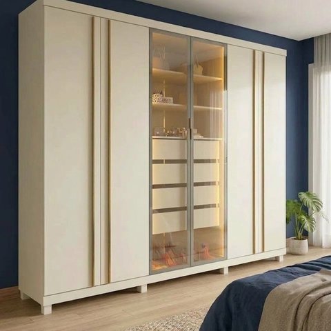Guarda Roupa Casal MDF 6 Portas 4 Gavetas com Vidro Reflecta, LED e Cabideiros 273x240,5x63cm