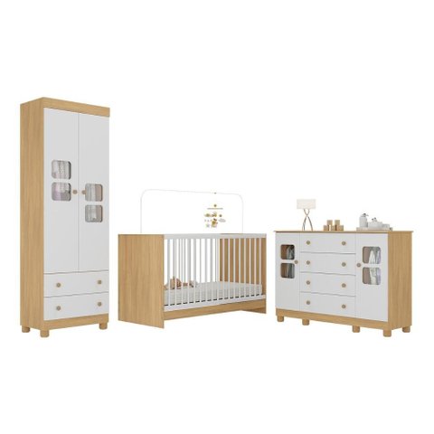 Quarto de Bebê Completo com Berço 3 em 1 para Colchão 130x60cm Sol Multimóveis Mp4530 Madeirado/
