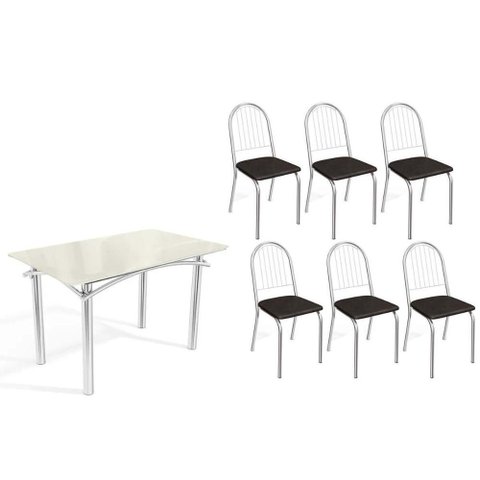 Sala de Jantar Completa Elba Tampo Madeirado C/ Vidro 120cm e 6 Cadeiras Noruega Cromada/off White