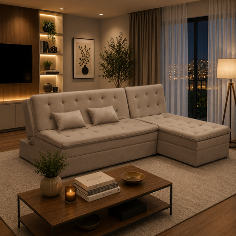 Sofá Cama King 5 Lugares 270cm Alexa Suede Cappuccino