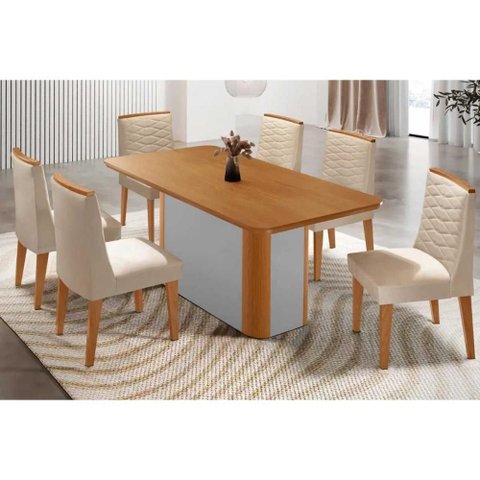 Conjunto: Mesa de Cozinha Pietá C/ Tampo Madeirado Canto Curvo 180x90cm e 6 Cadeiras Maldivas