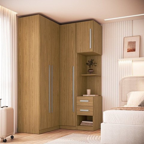 Guarda Roupa Modulado 100% MDF 3 Peças com Mesa de Cabeceira Esquerda 4 Portas e 2 Gavetas