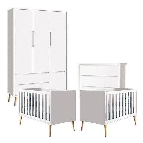 Quarto de Bebê Theo 3 Portas com 02 Berços e Cômoda Gaveteiro Branco Acetinado Pés Madeira Natural -