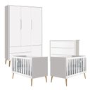 Ver imagem 1 de Quarto de Bebê Theo 3 Portas com 02 Berços e Cômoda Gaveteiro Branco Acetinado Pés Madeira Natural -