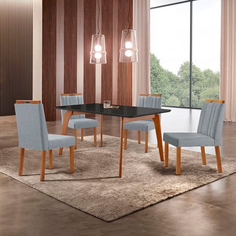 Conjunto Sala de Jantar Mesa Paris Madeira Maciça 140x80cm Tampo Retângular Vidro Preto com 4 Cadeir