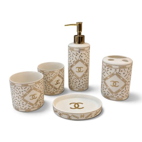Jogo de Banheiro e Lavabo Chanel Branco com Dourado em Porcelana 5 Peças