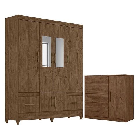 Guarda Roupa Casal Ms912 com Espelho e Cômoda Vênus Castanho Wood – Moval
