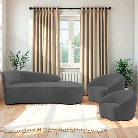 Kit Divã Recamier Orgânico França 140cm Lado Direito e 2 Poltronas Amore Linho
