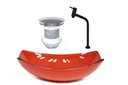 Ver imagem 1 de CUBA DE VIDRO OVAL CHANFRADA 46CM VERMELHO FERRARI + VALVULA + TORNEIRA METAL PRETA