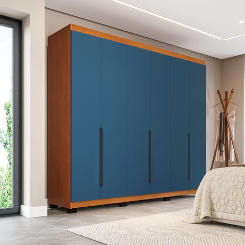 Roupeiro Casal Madri 6 Portas 4 Gavetas 242x214cm Azul/Freijó 250702