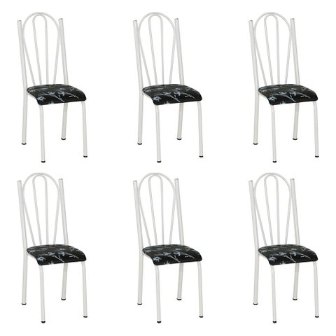 Kit 6 Cadeiras de Cozinha Alasca Estampado Preto Florido Pés de Ferro Branco - Pallazio