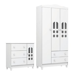 Quarto de Bebê Cômoda e Guarda Roupas Infantil 4 Portas 5 Gavetas Helena Branco Carolina Baby