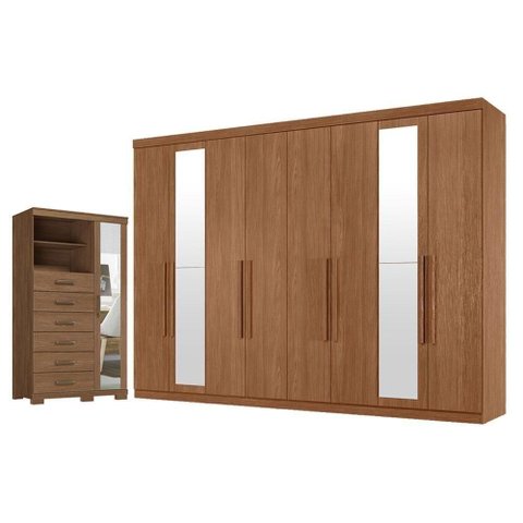 Guarda Roupa Casal Master New 8 Portas de Bater 4 Gavetas MDP com Espelho e Cômoda Marabá Jatobá
