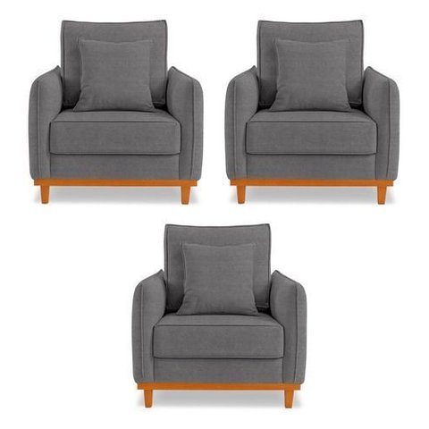 Kit 3 Poltronas Belga Estofada com Base de Madeira Boucle Cinza Bz Home Decor
