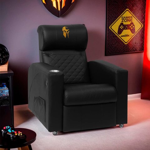 Poltrona Gamer Sparta com Encosto Reclinável e Carregador Usb:corino Preto/dourado