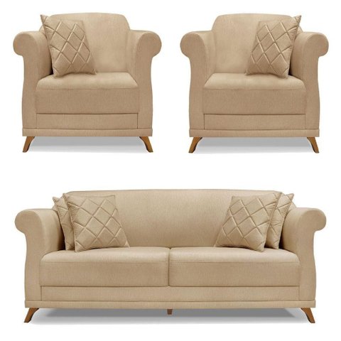 Kit 2 Poltronas e Sofá 2 Lugares 1,80m Dourado Pés Castanho
