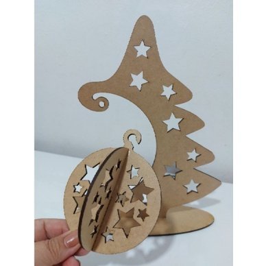 Arvore De Natal - Base - Decoração - MDF - Cru - Estrela Bola Natal - 27,5x22,5cm - 2