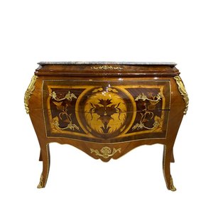Cômoda Clássica Bombê de Marchetaria com 2 Gavetas com Tampo de Mármore 86x50x112cm