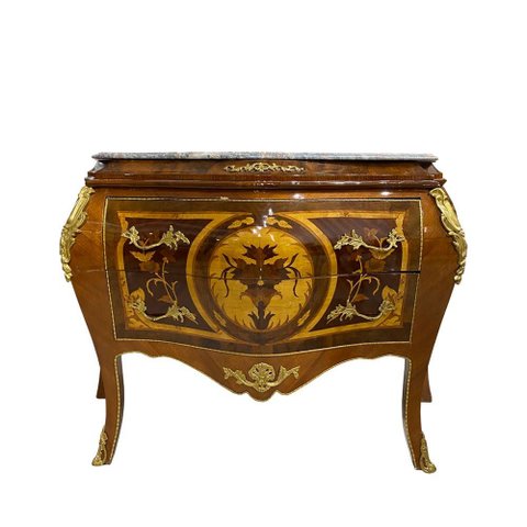 Cômoda Clássica Bombê de Marchetaria com 2 Gavetas com Tampo de Mármore 86x50x112cm