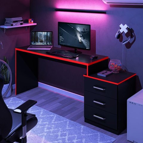 Mesa para Computador Retangular Villa do Cedro Gamer Vijay Moderno 3 MDF-MDP 178cm Preto Vermelho
