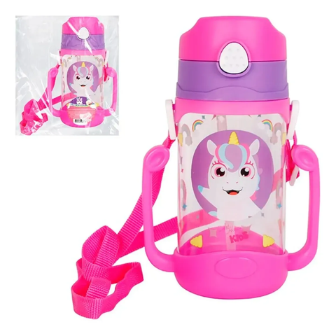 Garrafa Água Infantil 400ml Alças e Canudo Silicone Rosa
