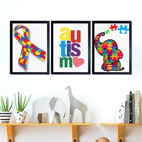 Kit 3 Quadros Infantis Autismo 24x18cm - com Vidro:madeira Preta