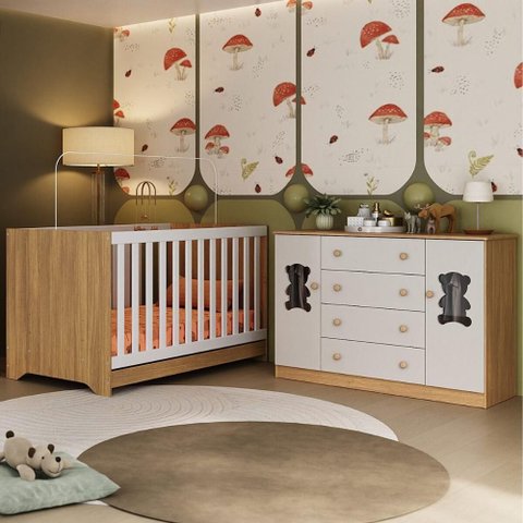 Berço Americano 3 em 1 com Cômoda 2 Portas 4 Gavetas Teddy Multimóveis Mp4727 Madeirado/off White