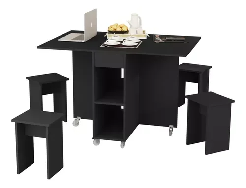 Mesa De Jantar Jade Dobravél Apartamento Lazer 120 Cm -100% MDF -Multifuncional - Preto - 2