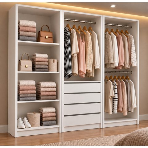 Closet Completo Modulado com Gaveteiro, Prateleiras e Cabideiros – Luna, Zoe e Max Branco