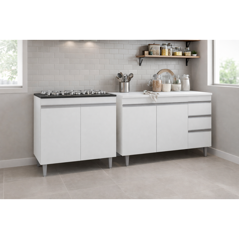 Balcão para Pia Andréia 100cm com Tampo + Balcão Cooktop Andréia Branco - Ajl