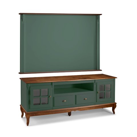 Conjunto Rack 60812 + Painel 50513 para Sala Pés Luiz Xv 2 Gavetas 2 Portas - Verde Musgo/imbuia