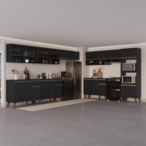 Armário de Cozinha Completa Atlanta Point com Vidro Carraro Preto Touch