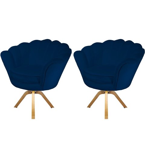 Kit 2 Poltronas Decorativa Pétala Base Giratória Madeira Suede Azul Marinho Ms Decor