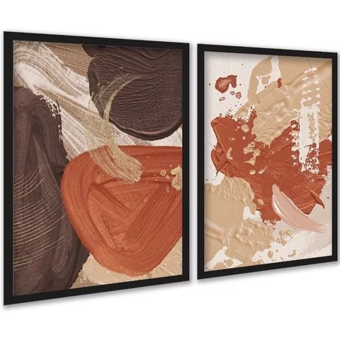 Kit 2 Quadros Abstratos Terracota Efeito Tinta 45x34cm:moldura Preta