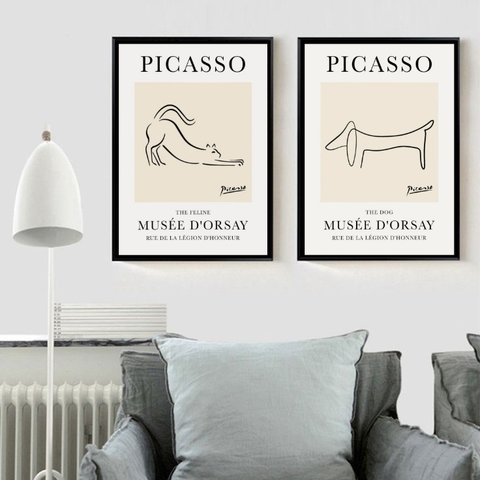 Kit 2 Quadros Picasso - Gato e Cachorro 24x18cm - com Vidro:madeira Branca