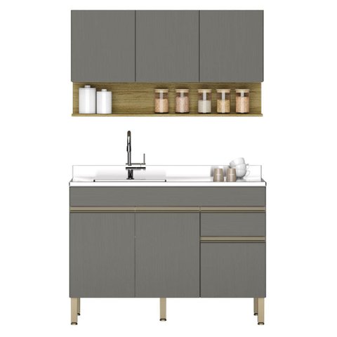 Armário de Cozinha e Balcão com Pia 120cm Lina K02 Gris/Freijó - Mpozenato