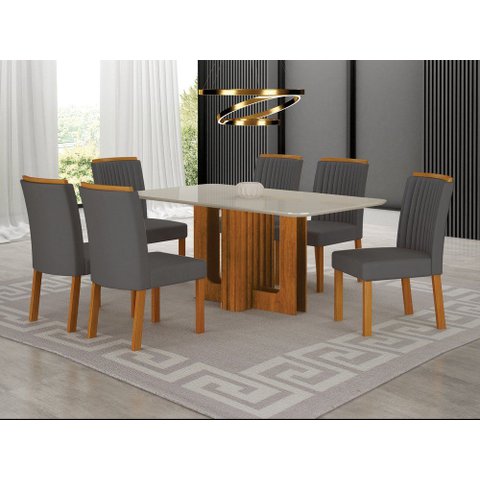 Conjunto Sala de Jantar Sofia 1,80m Tampo Vidro Off com 6 Cadeiras Jade Cinamomo/Joli Chumbo