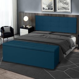 Kit Cabeceira Painel e Calçadeira Baú Casal Queen 1,60m Roma Suede Azul Marinho Dal Poz Estofados - 2