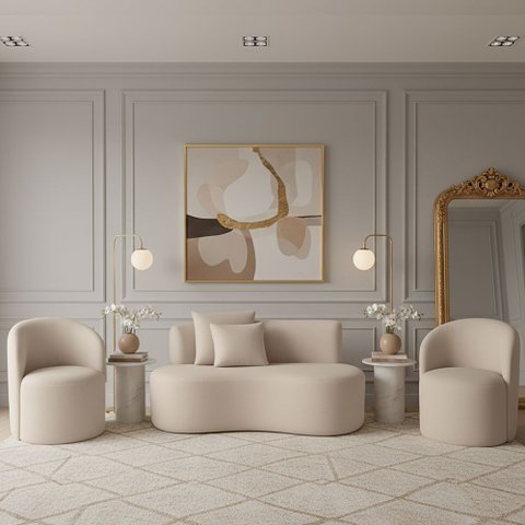 Conjunto Decorativo 02 Poltronas + Sofá Curvo Orgânico Nature Gaia Veludo Bege - Montanaris Decor