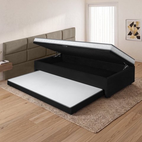Cama Box Conjugada Solteiro 88x188 c/ Baú e Cama Auxiliar Maya Preto