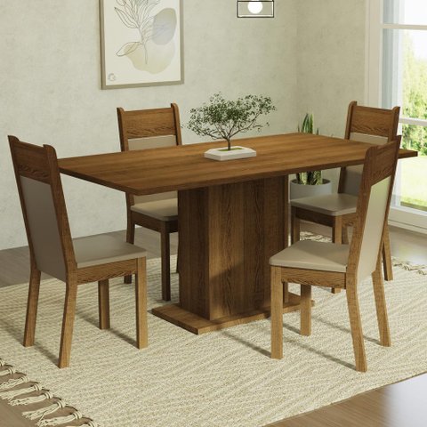 Conjunto Sala de Jantar Mesa Tampo de Madeira 4 Cadeiras Rustic/crema/bege Elisa Madesa
